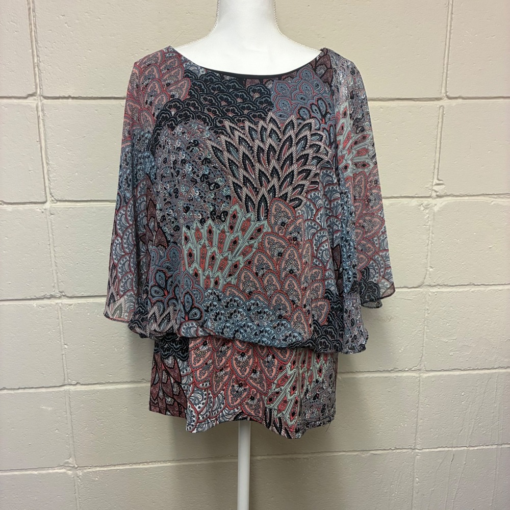 Coco Bianco Bohemian Paisley‎ Popover Womens Large USA Blue Pink Flutter Sleeve